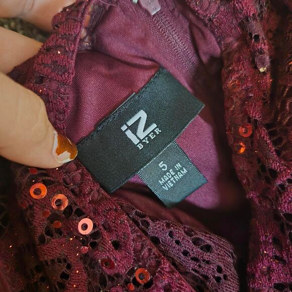Women's Iz Byer Burgundy Formal Halter Neck Sparkle Sequin Lace Mesh Mini Dress - Picture 6 of 6